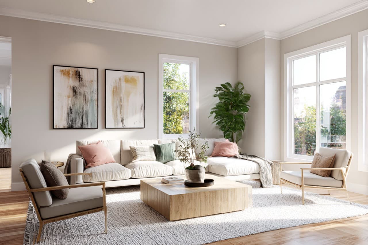A modern, beautifully virtually staged living room
