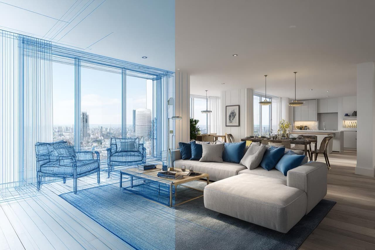 A virtually staged London apartment with a city view