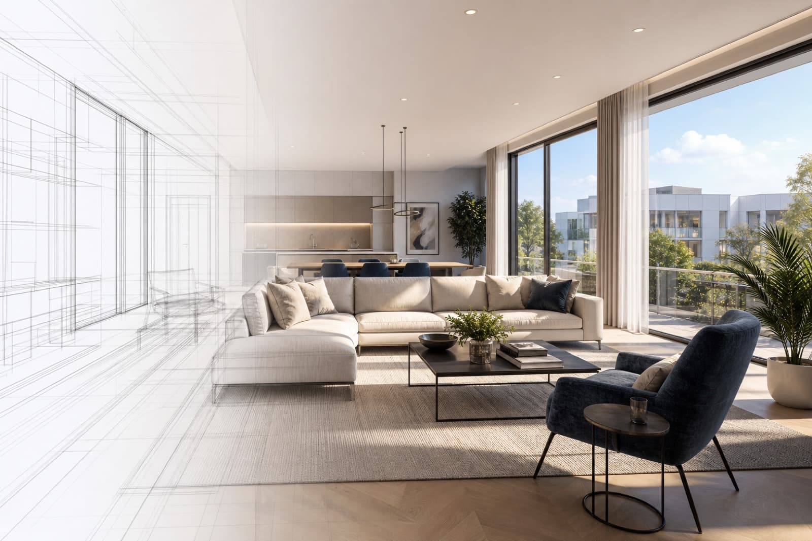 A virtually staged new build living room used to market an off-plan development