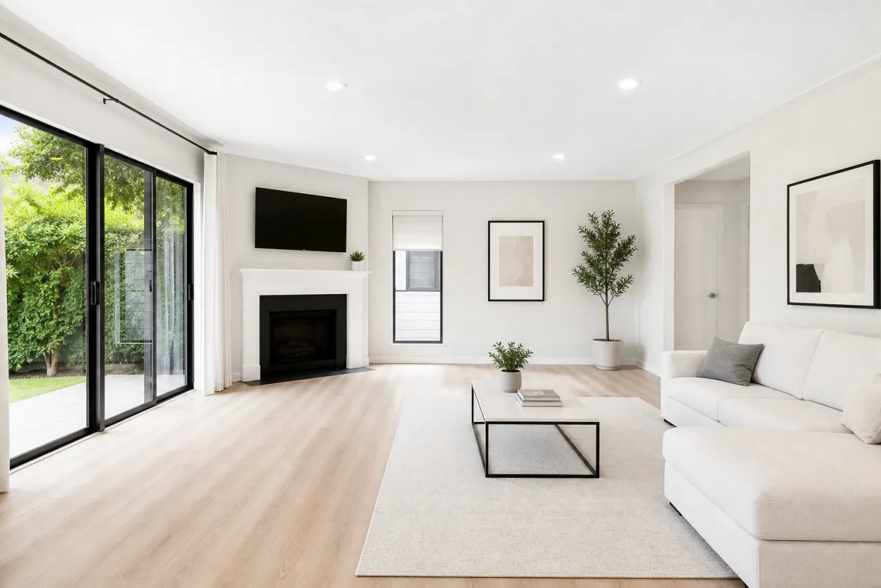 Clean, clutter-free living room with clear surfaces and open floor space