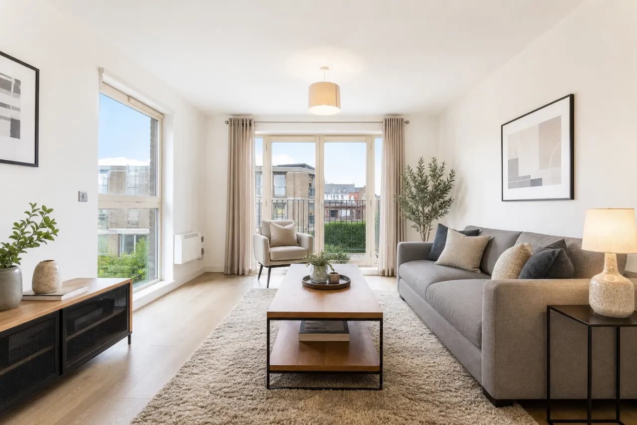 Empty home virtually staged with a contemporary furnished living room