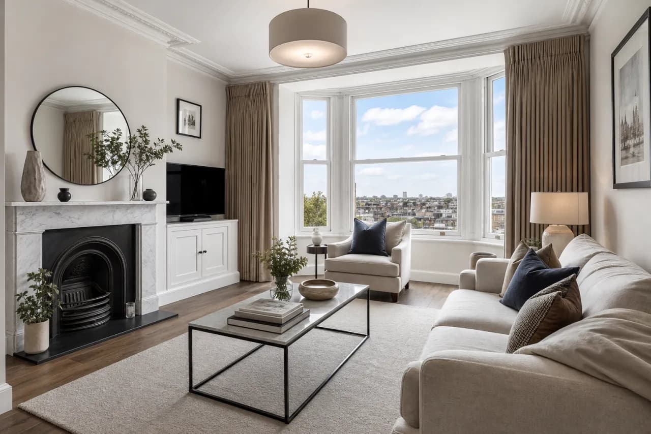 Market-ready virtually staged reception room for an estate agent listing