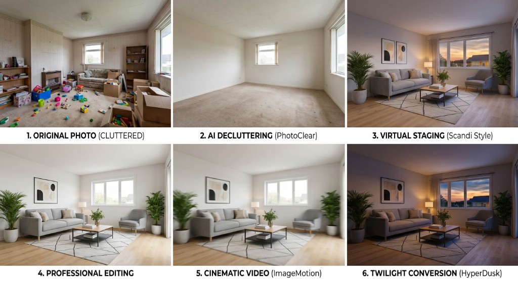 Six-step AI property marketing workflow showing decluttering, virtual staging, professional editing, cinematic video and twilight conversion from one living room photo